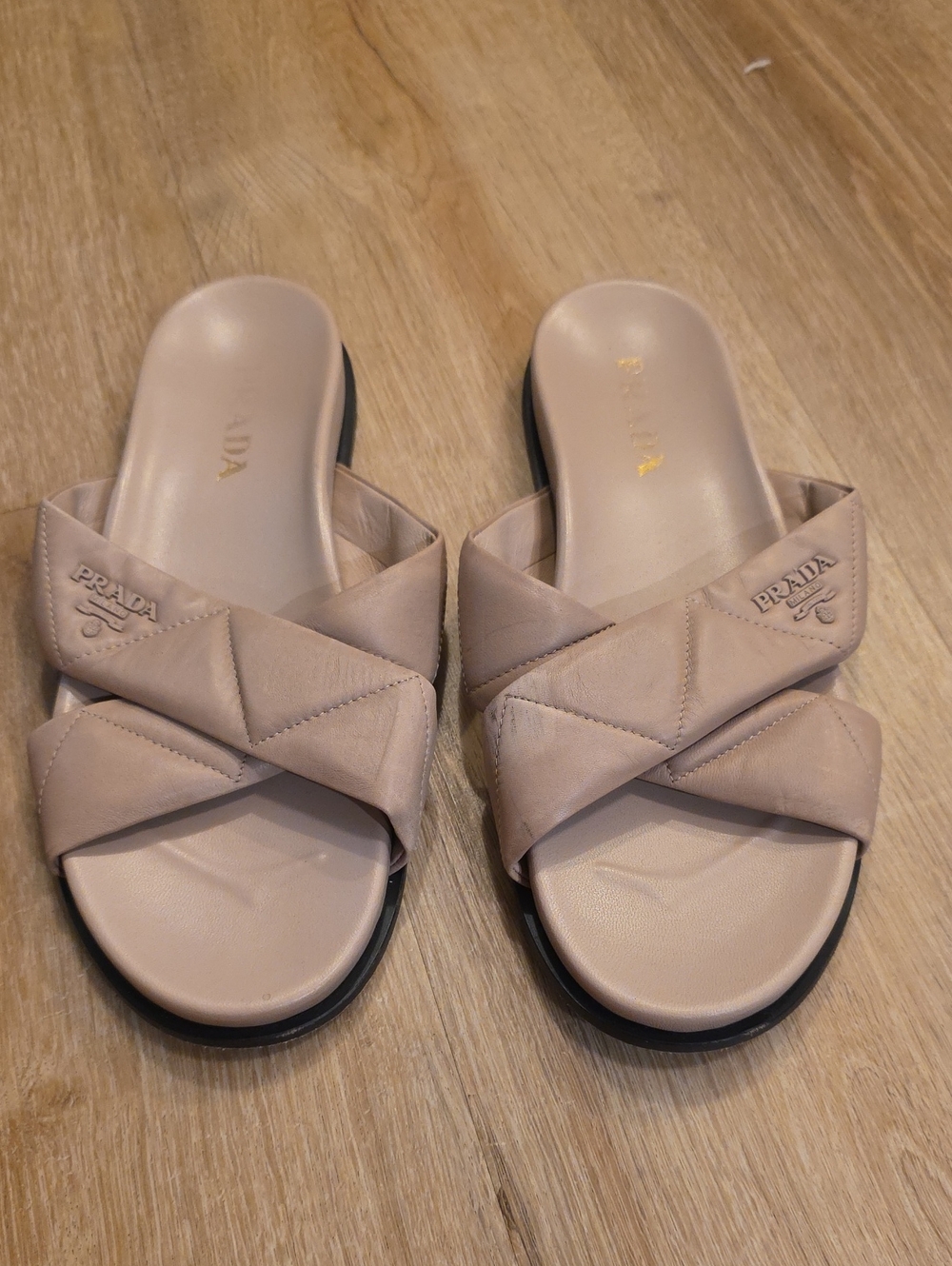 Prada Quilted Crossband Slide Sandals in Light Beige Sz 39.5